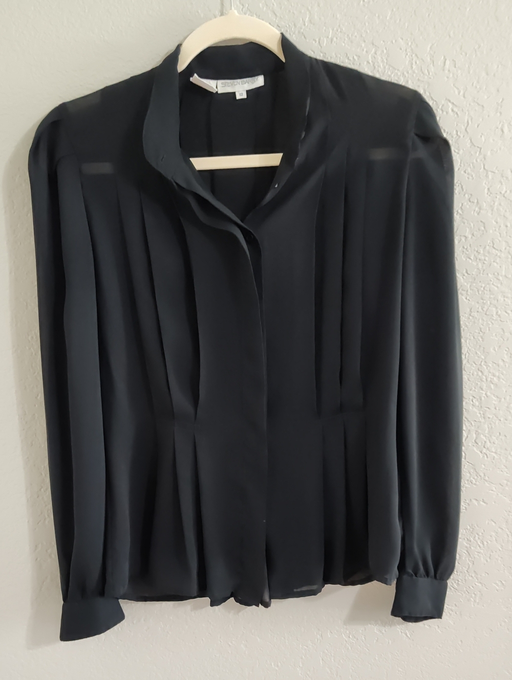 Vintage Steven Barry Semi-Sheer Black Pleated Long Sleeve Blouse - Size 12